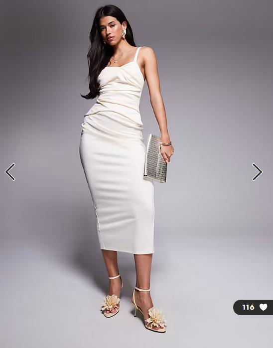 ASOS DESIGN structured pleated bodice detail midi dress in off-white