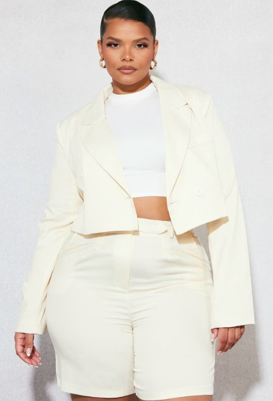 Plus Cream Linen Look Crop Blazer