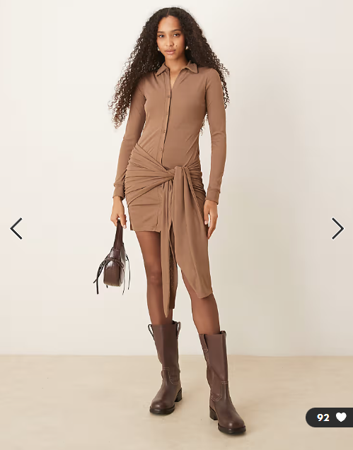 ASOS DESIGN textured mesh mini shirt dress with wrap tie waist in mocha
