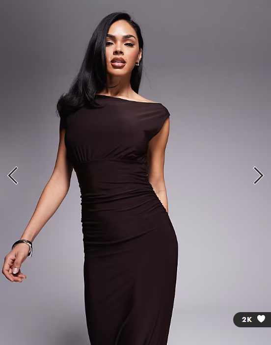 Fashionkilla exclusive double sculpted slinky sleeveless asymmetric neck ruched bodycon maxi dress in chocolate
