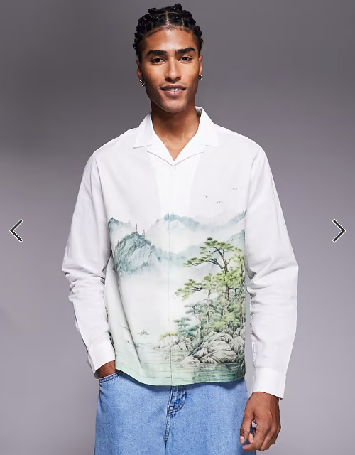 ASOS DESIGN relaxed revere shirt with scenic print in off white
