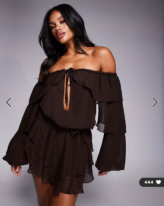 Murci chiffon bardot tiered ruffle mini dress in chocolate