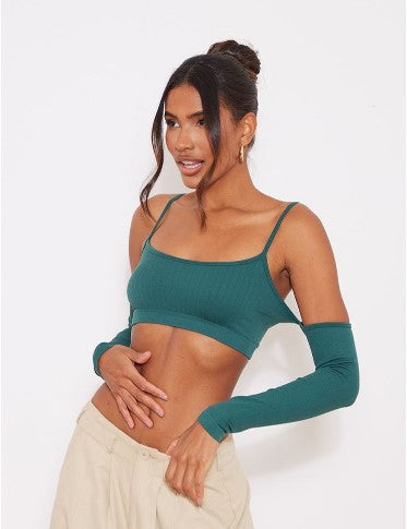 Forest Green Contour Rib Cold Shoulder Crop Top