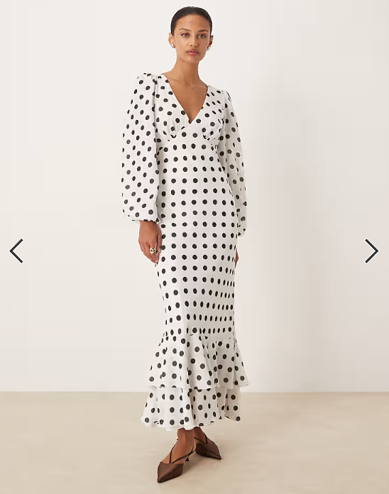 Lace & Beads long sleeve ruffle hem maxi dress in white polka dot