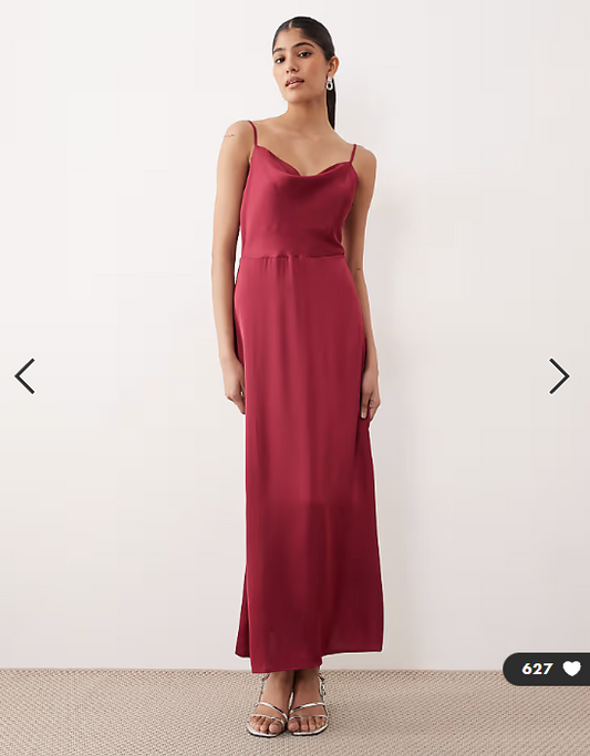 Vila satin cowl neck cami maxi dress in burgundy