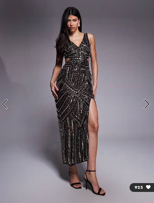 ASOS DESIGN cutout waist embellished midi dress in chocolate