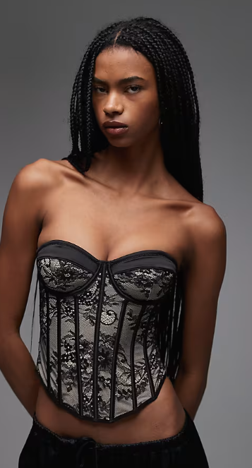 ASOS DESIGN lace mix detail cupped corset top with boning in black