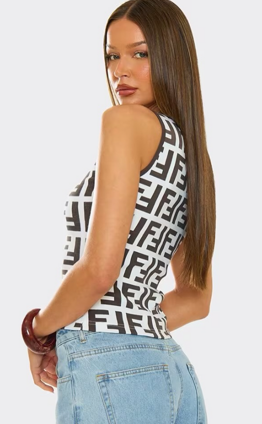 Ego - Scoop Neck Vest Top In Brown Printed Riv