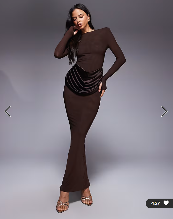Wanderdoll Eman longsleeve slash neck satin drape waist detail bodycon maxi dress in chocolate