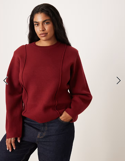 ASOS DESIGN Curve structured waisted jumper with shoulder pads in burgundy