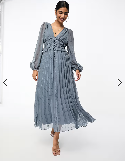 ASOS DESIGN button through ruched waist pleated midi dress in metallic dobby in silver grey