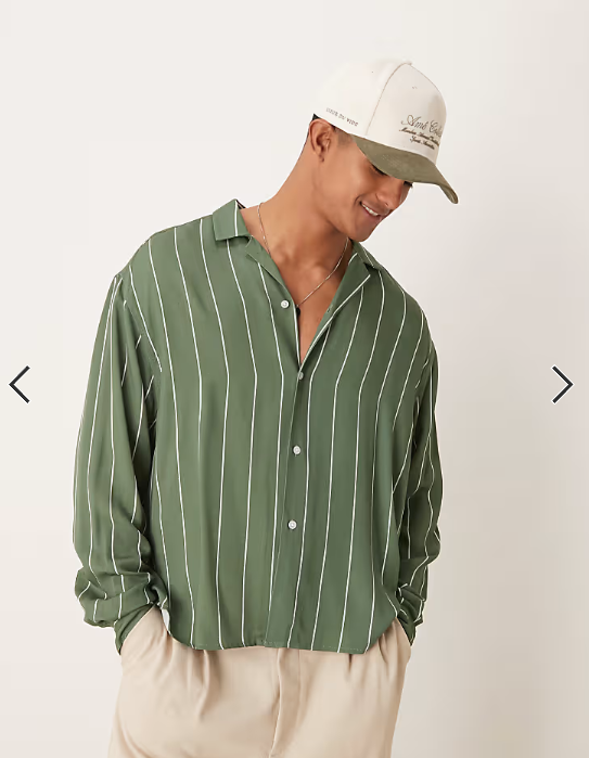 ASOS DESIGN oversized boxy revere shirt in green stripe