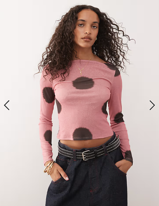 COLLUSION slash neck long sleeve top in pink polka dot