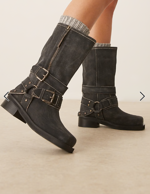 ASOS DESIGN Casey leather hardware biker knee boots in aged black suede