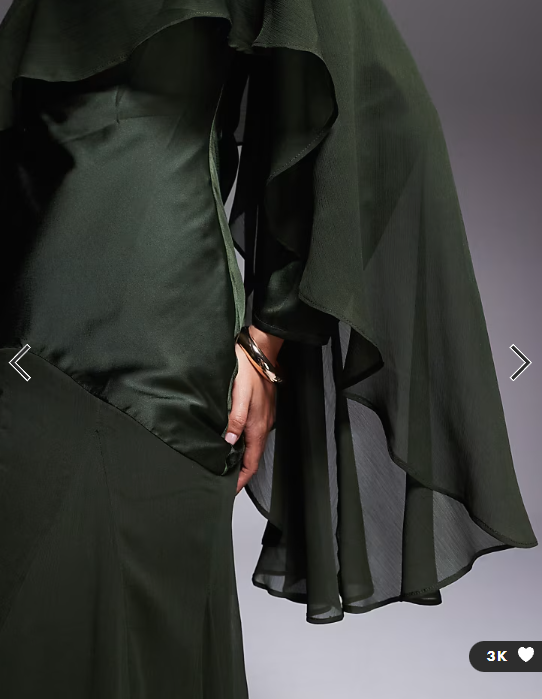 ASOS DESIGN cape detail ruffle chiffon satin mix maxi dress in dark green