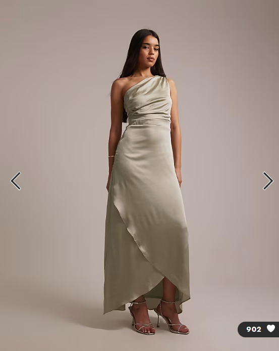 TFNC Bridesmaid satin one shoulder wrap skirt maxi dress in sage green