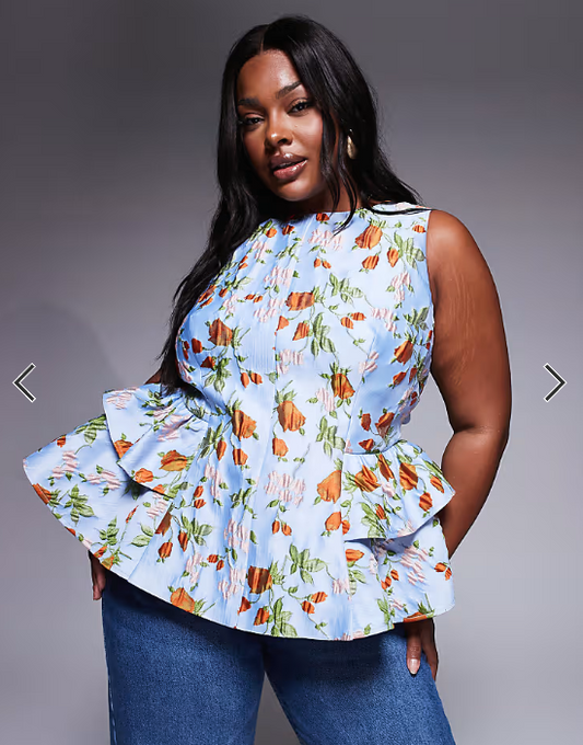 ASOS LUXE Curve jacquard peplum top with bow back in capri floral