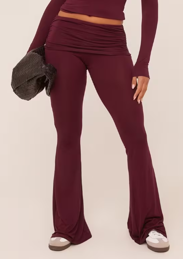 Ego - Fold Over Waistband Detail Flared Trousers In Burgundy
