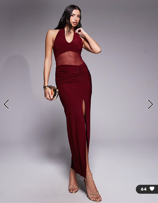Kalia exclusive double layered slinky halterneck sheer mesh panel maxi dress in Burgundy