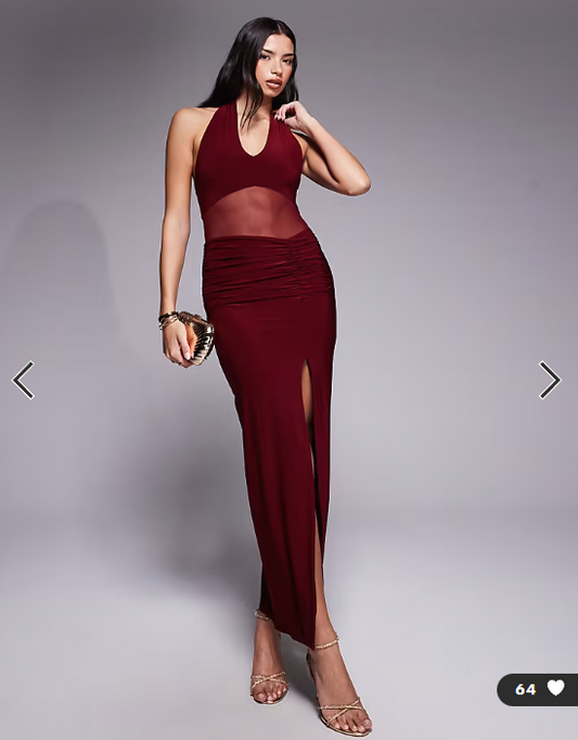 Kalia exclusive double layered slinky halterneck sheer mesh panel maxi dress in Burgundy