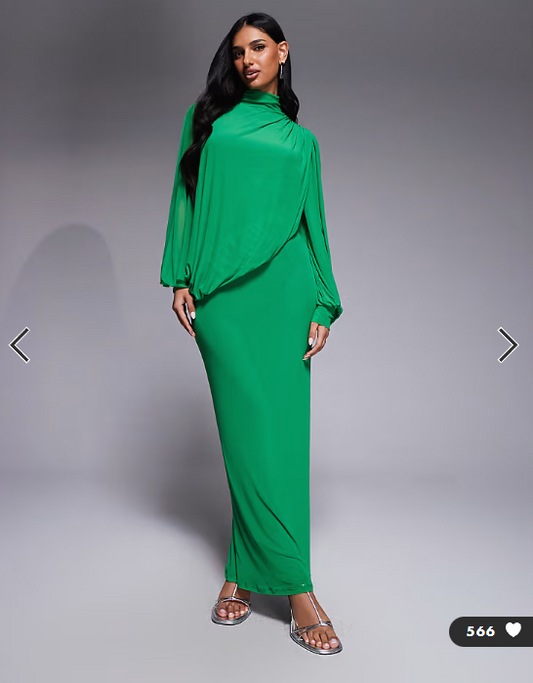 ASOS DESIGN modesty mesh wrap over draped blouson sleeve maxi high neck dress in green