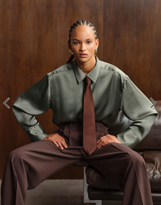 ASOS DESIGN satin cinch oversized shirt with contrast tie in olive