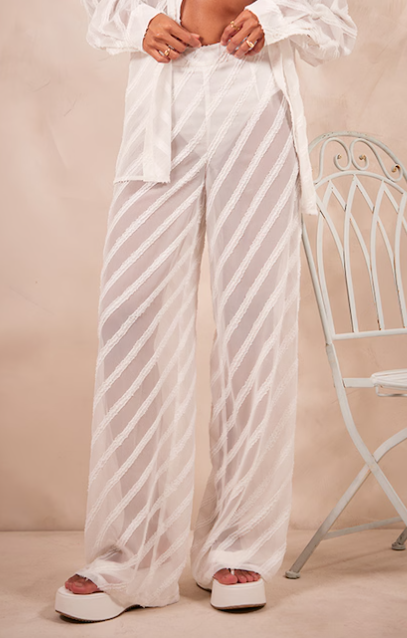 White Textured Chiffon Oversized Wide Leg Trousers