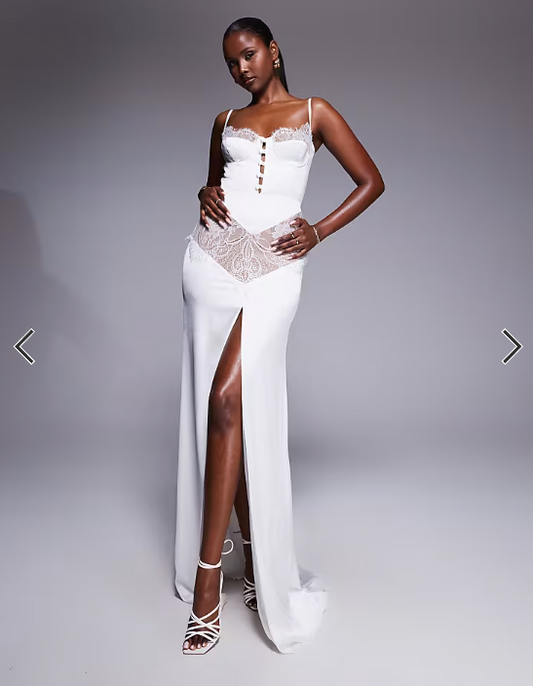 The Dolls House Circa Dolce lace cut-out satin maxi dress in ivory