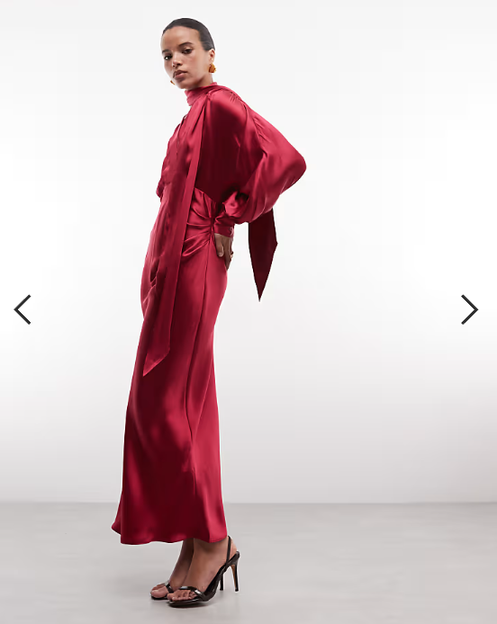 & Other Stories satin maxi dress with volume sleeves and detachable scarf in raspberry