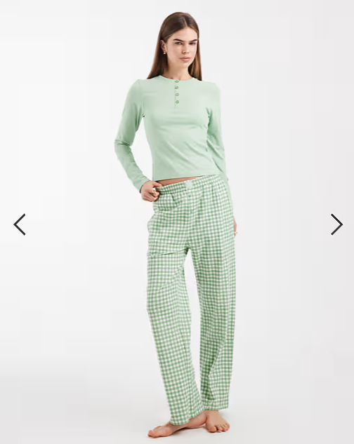 Brave Soul cotton long sleeve henley t-shirt and gingham trouser pyjama set in sage green