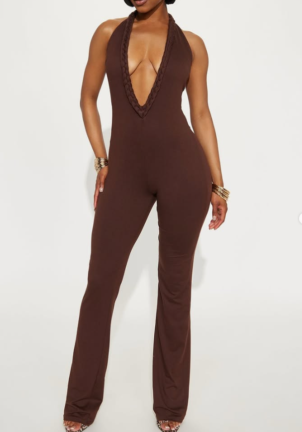 Ego - Plunge Halterneck Frilled Detail Flared Leg Jumpsuit In Brown