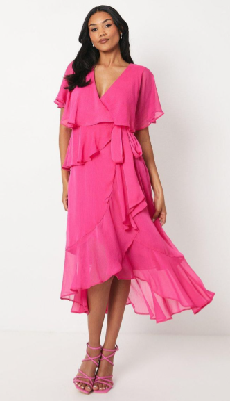 Wrap Detail Side Tie Chiffon Midi Dress