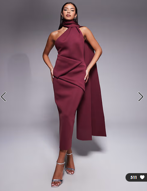 ASOS DESIGN draped scarf neck detail midi dress in burgundy scuba-style fabric