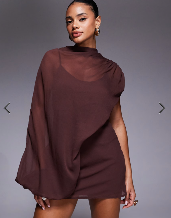 ASOS DESIGN high neck draped asymmetric mini dress with cut out in chocolate