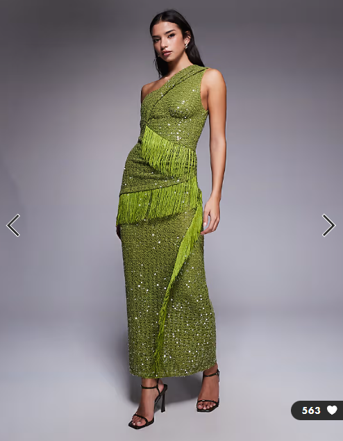 ASOS DESIGN sequin knit twist one shoulder midi dress with drape fringe panels in green