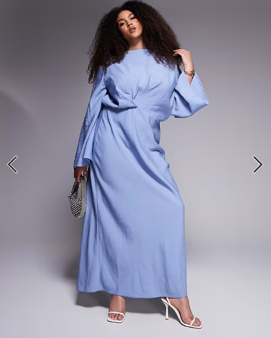 ASOS DESIGN Curve long sleeve tucked waist bias satin maxi dress in stonewash blue