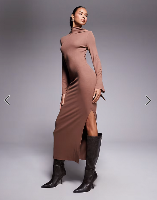ASOS DESIGN scarf detail fluted sleeve midi dress in brown