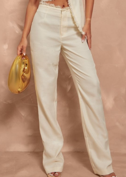 Plt - Cream Textured Woven Raw Hem Low Rise Straight Leg Trousers