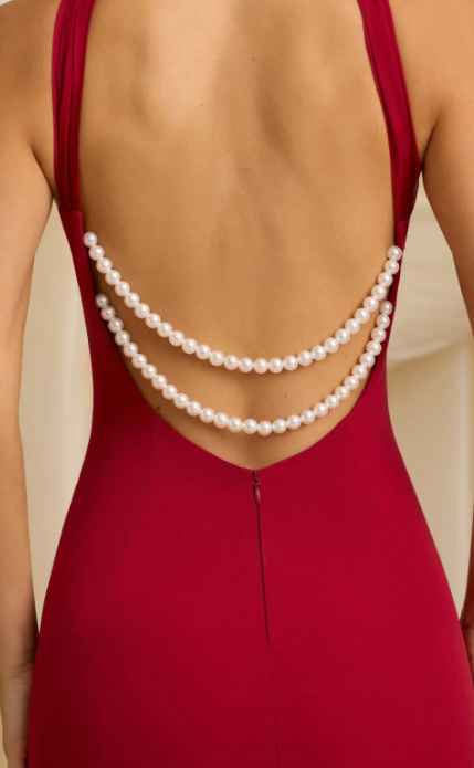 Oh Polly -  Xanthia Pearl-Detail Halterneck Maxi Dress in True Red