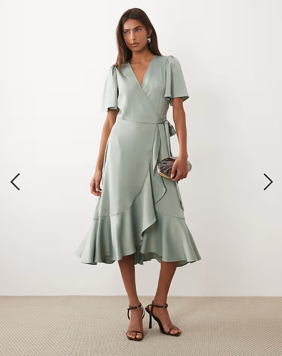 YAS satin wrap midi dress in sage green