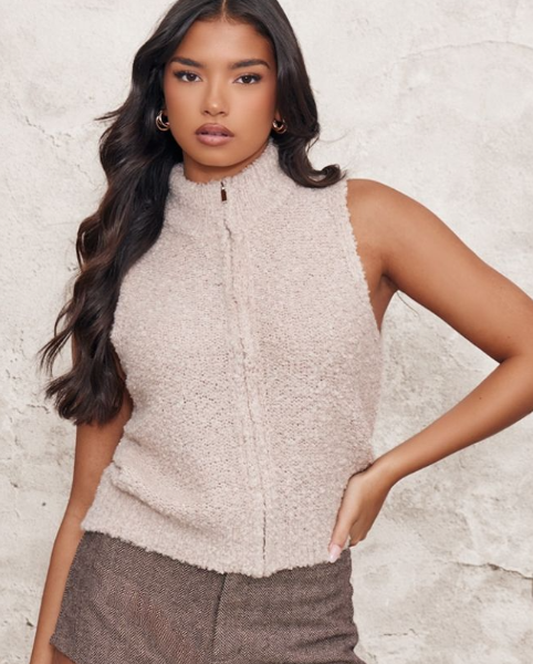 Plt - Oatmeal Textured Bobble Knit Zip Up Vest