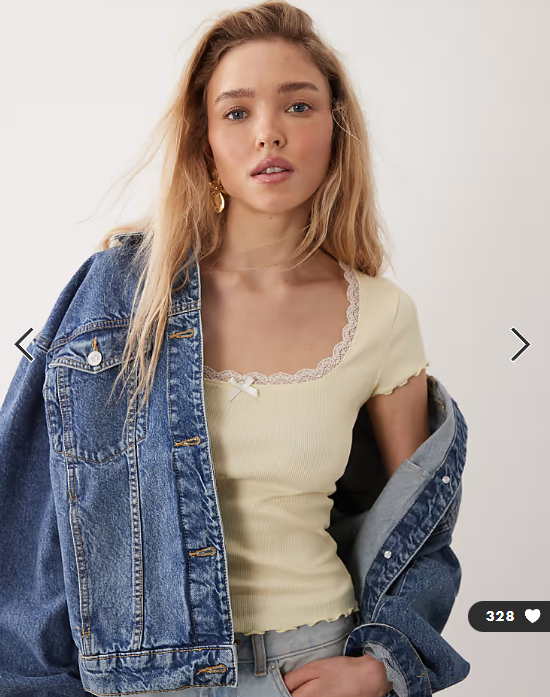 Miss Selfridge square neck lace trim short sleeve top in yellow