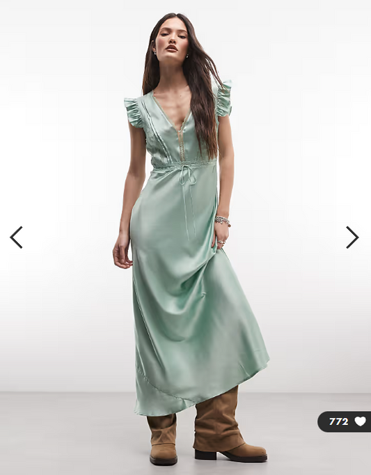Reclaimed Vintage maxi tea dress with lace inserts and pintucks in sage green