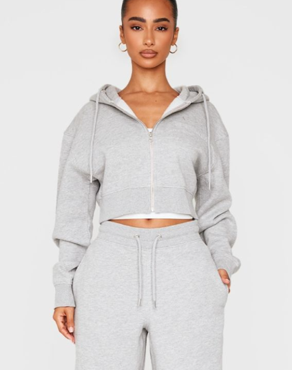 Petite Ash Grey Zip Up Embossed Detail Crop Hoodie