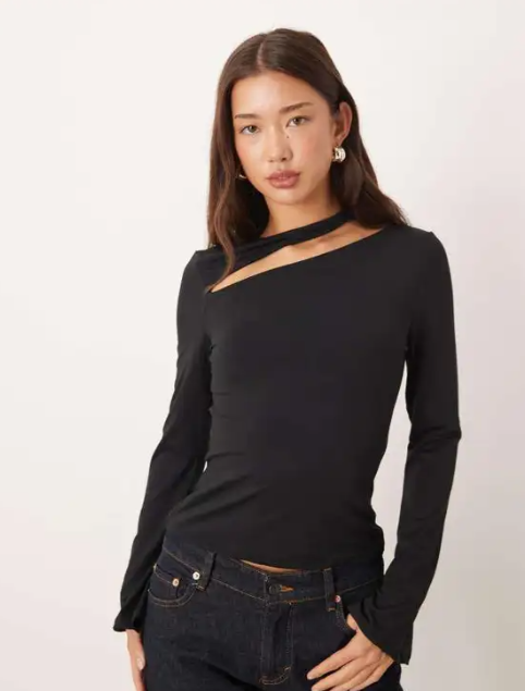 ASOS DESIGN cotton touch long sleeve top with cut out detail in black