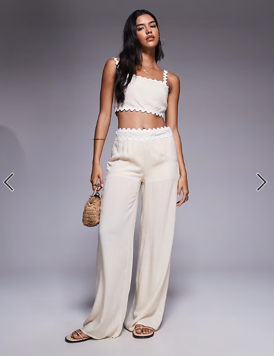 Missyempire cotton scallop trim waist detail wide leg trousers co-ord in beige