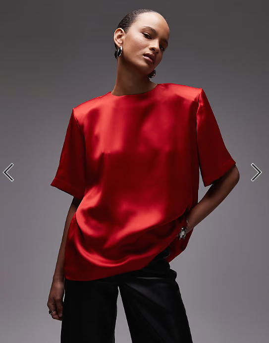 ASOS DESIGN oversized satin t-shirt with shoulder pads in red