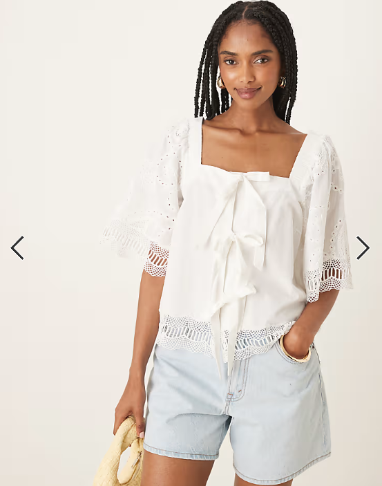 YAS crochet trim tie front square neck blouse in white