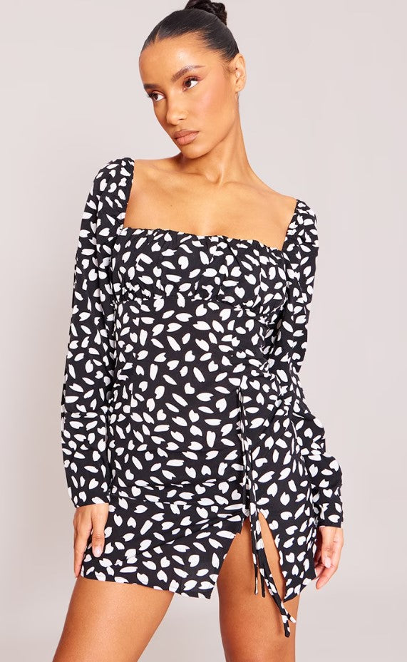 Black Dalmatian Print Bow Detail Side Split Bodycon Dress