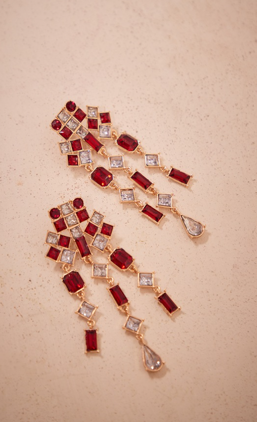 Coral & Clear Squared Jeweled Statement Earrings
